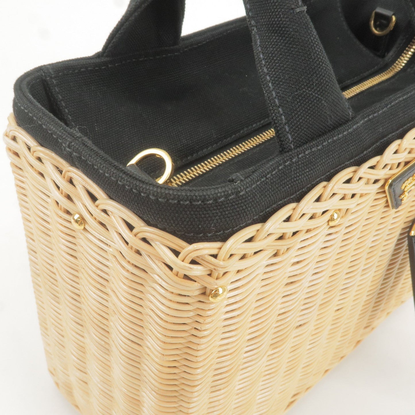 PRADA Wicker Canvas 2Way Basket Bag Hand Bag Black 1BG835