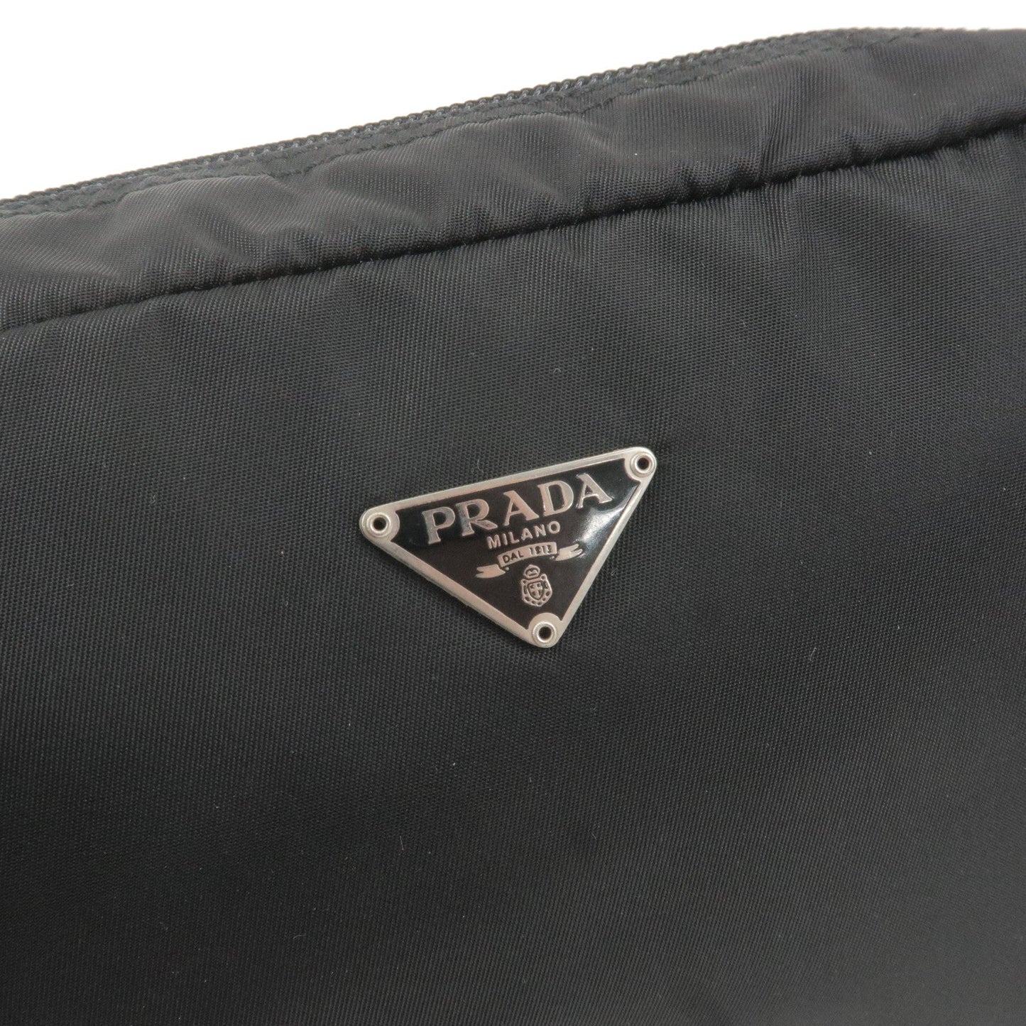 PRADA Logo Nylon Leather Pouch Cosmetic Bag NERO Black MV348