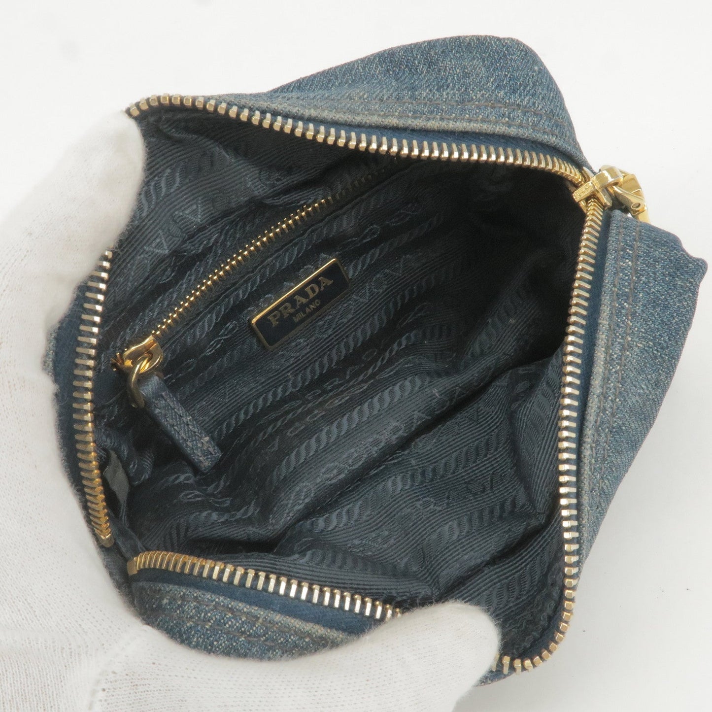 PRADA Logo Denim Cosmetic Pouch Clutch Bag Navy Gold Metal