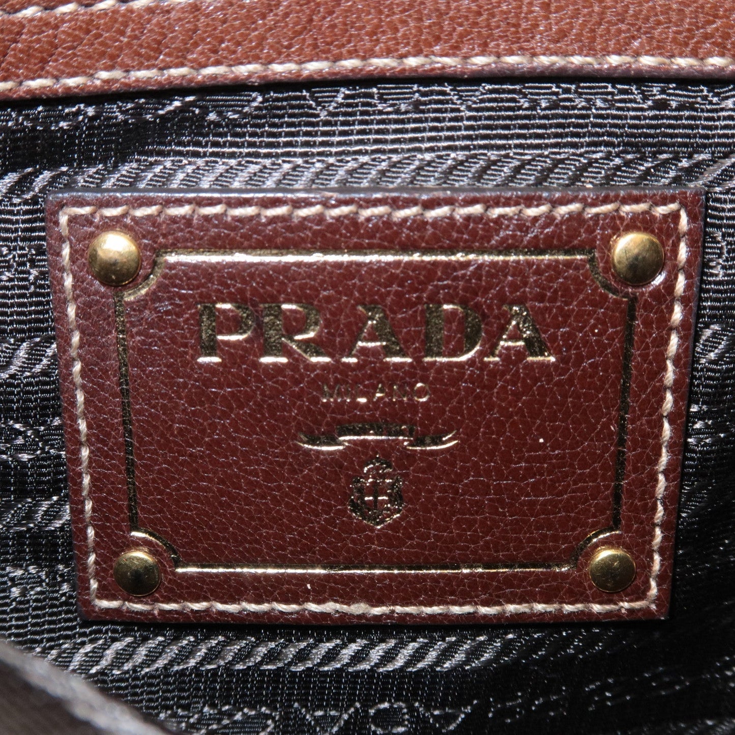 PRADA Logo Jacquard Canvas Leather Shoulder Bag Brown