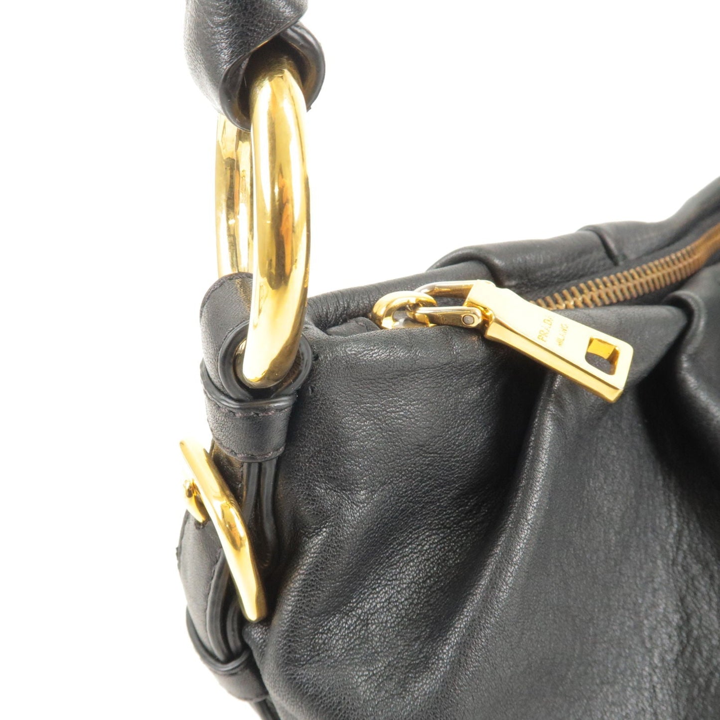 PRADA Logo Leather Shoulder Bag Black Gold Hardware