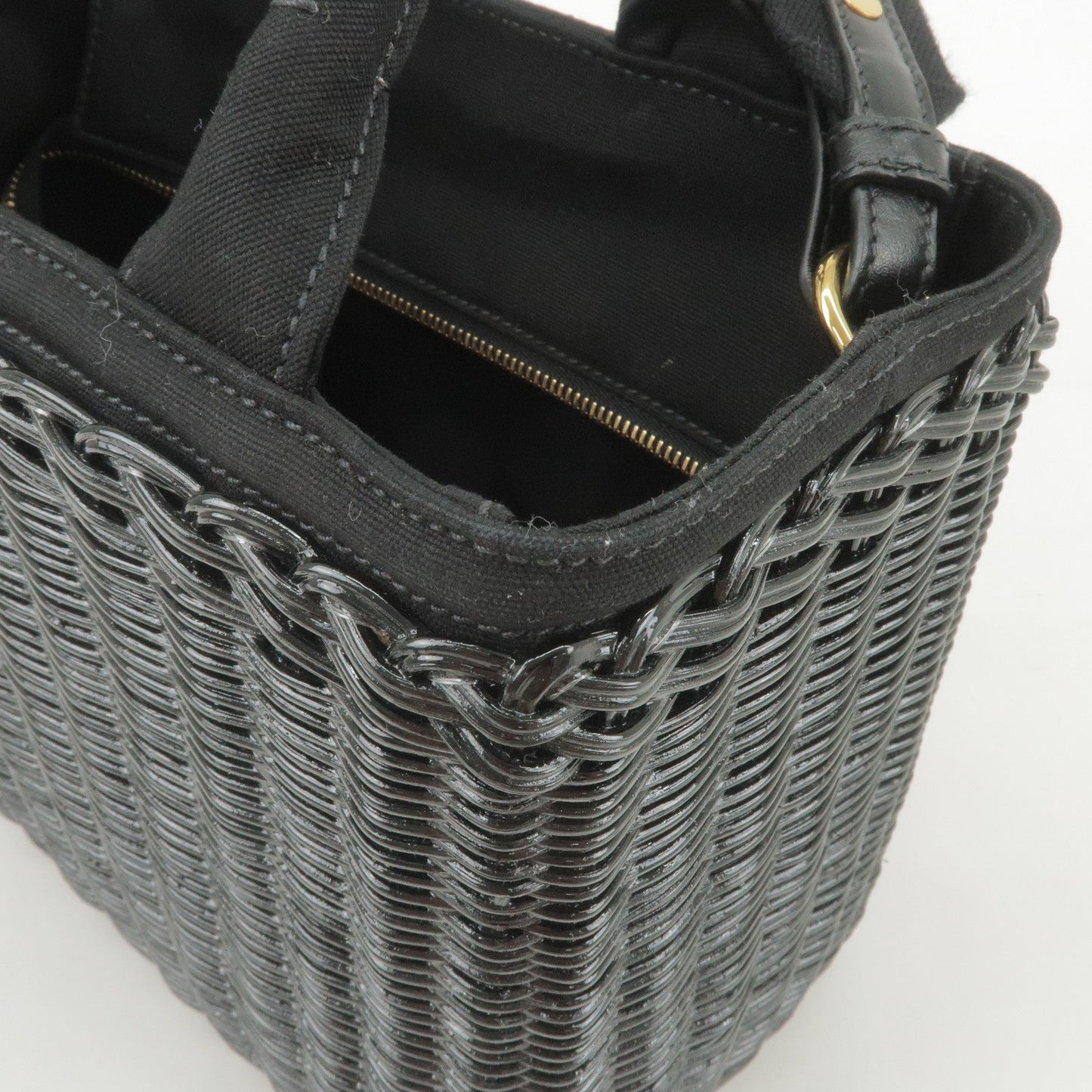 PRADA Wicker Canvas 2Way Basket Bag Hand Bag Black 1BG835