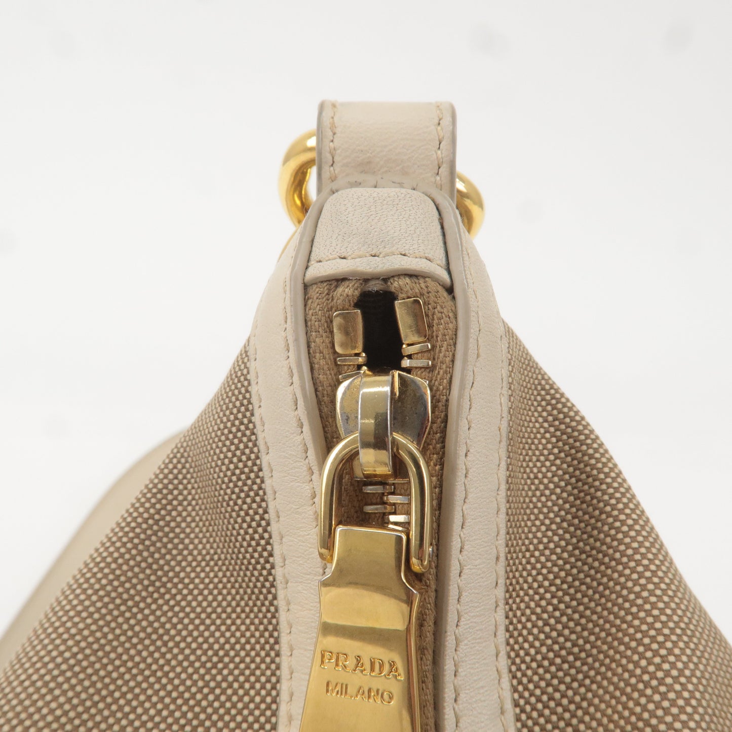 PRADA Logo Jacquard Canvas Leather Shoulder Bag Beige Ivory