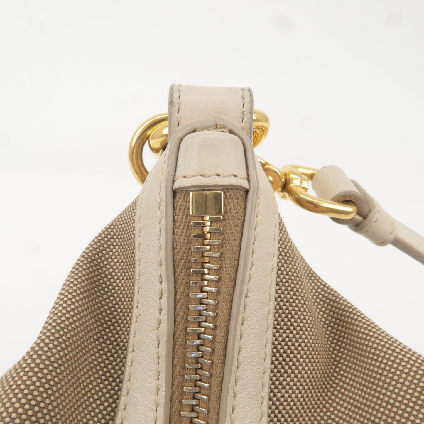 PRADA Logo Jacquard Canvas Leather Shoulder Bag Beige Ivory