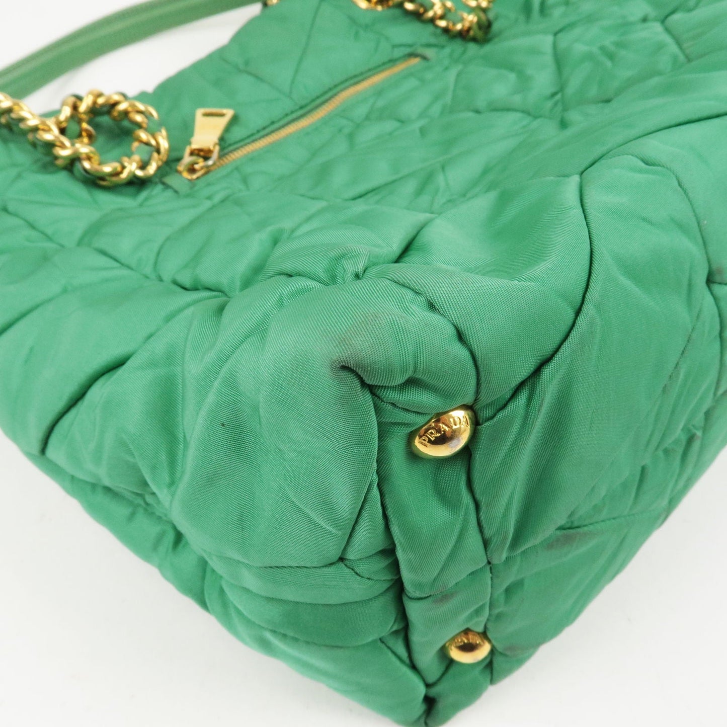 PRADA Logo Nylon Leather Chain Tote Bag Green BR4383