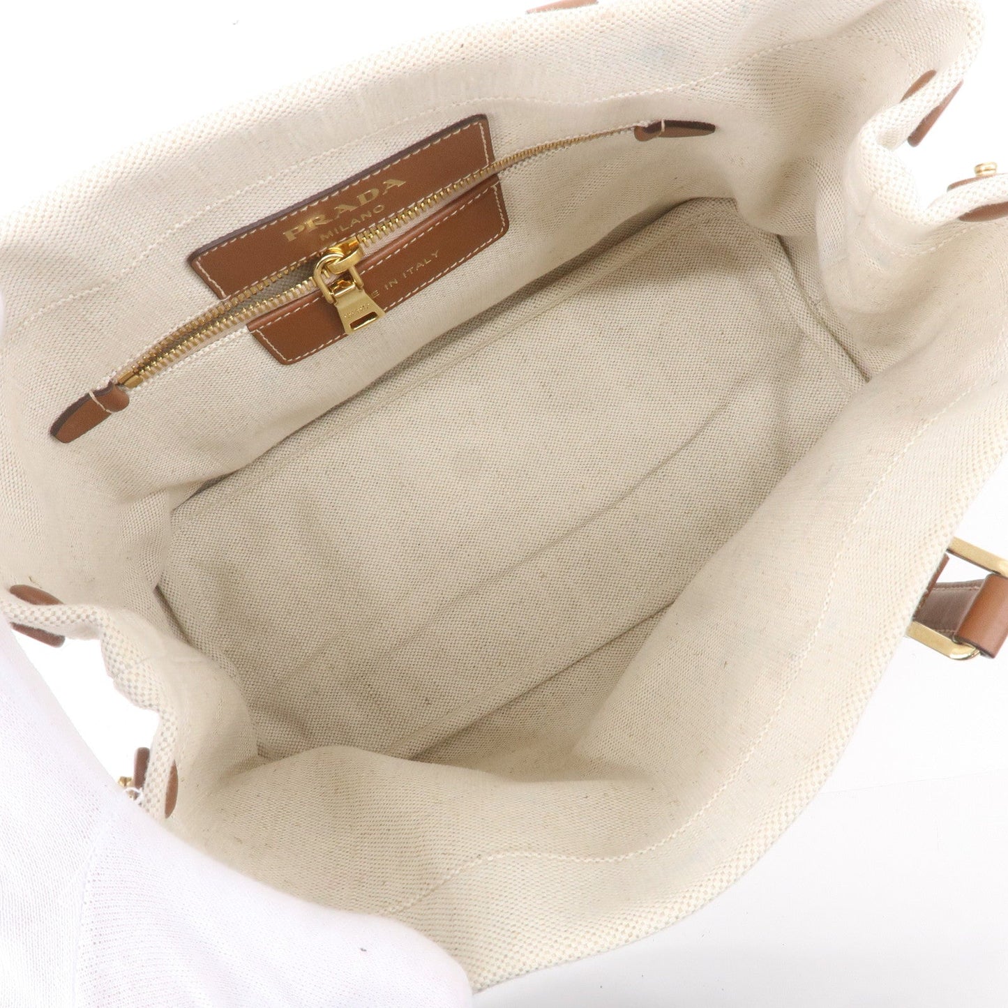 PRADA Logo Canvas Linen Leather Tote Bag Ivory Brown IBG356