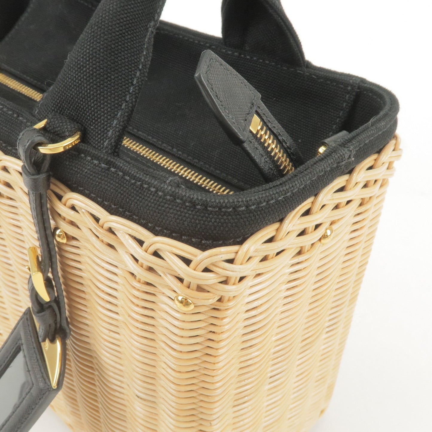 PRADA Wicker Canvas 2Way Basket Bag Hand Bag Black 1BG835