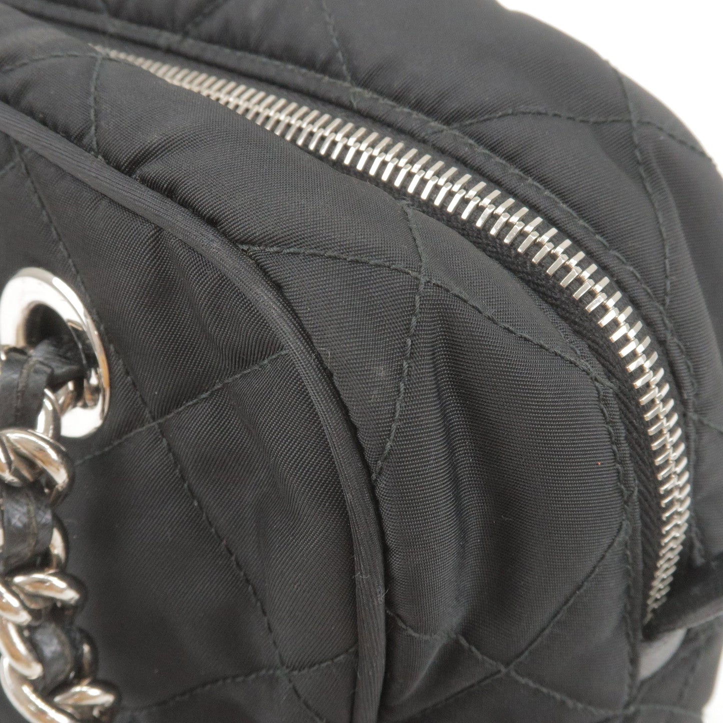 PRADA Nylon Leather Quilting Chain Shoulder Bag Black 1BB072