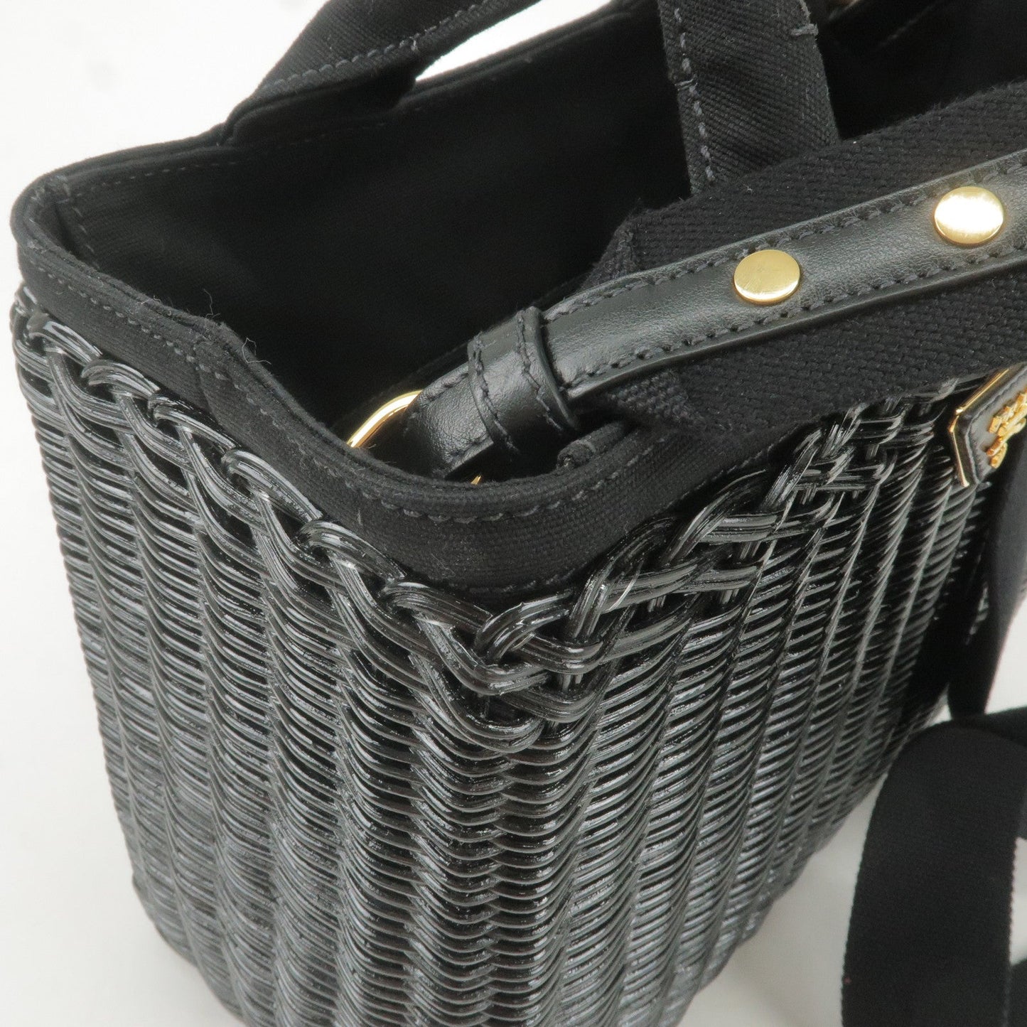 PRADA Wicker Canvas 2Way Basket Bag Hand Bag Black 1BG835