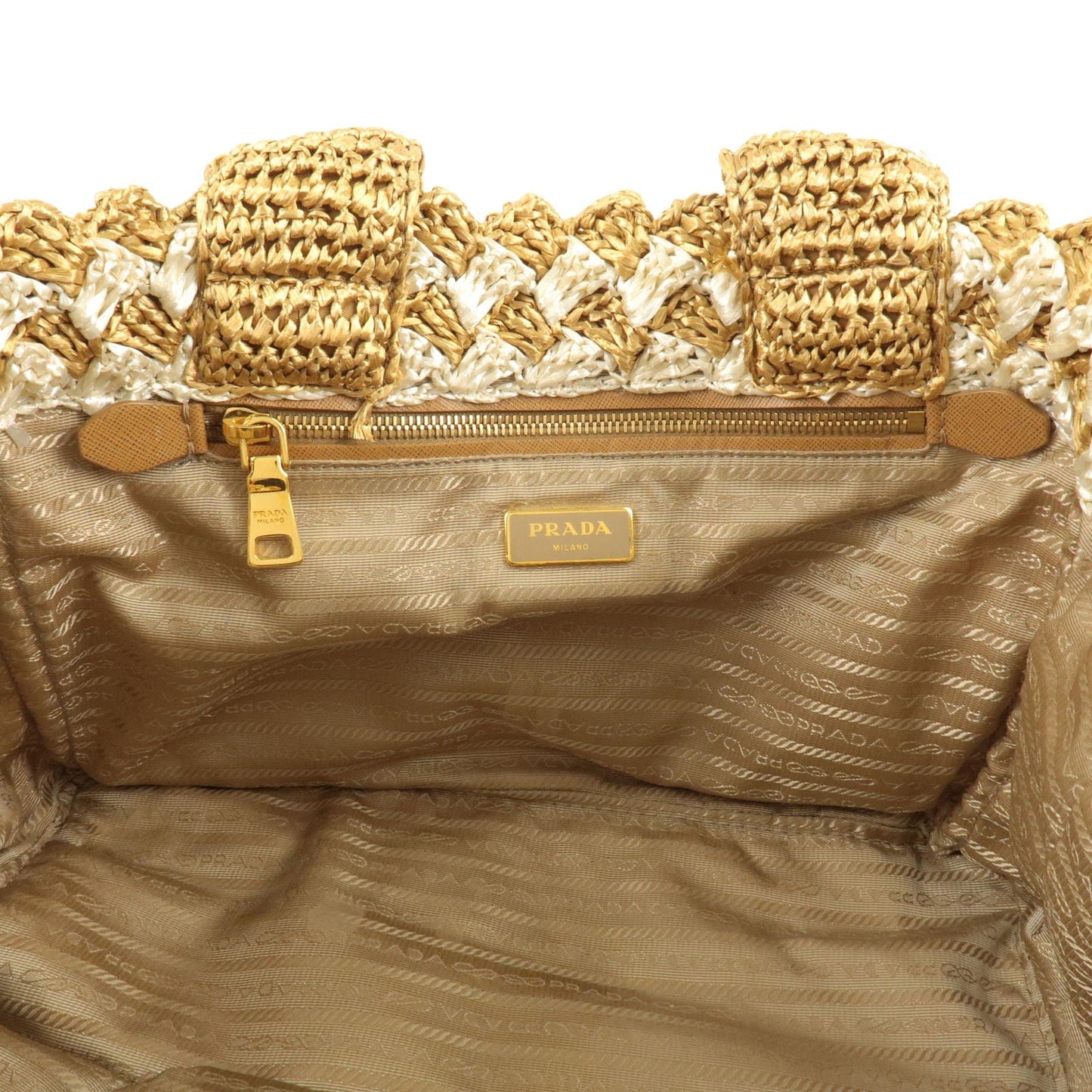 PRADA Logo Raffia Crochet Tote Bag Hand Bag Beige Ivory BN2303