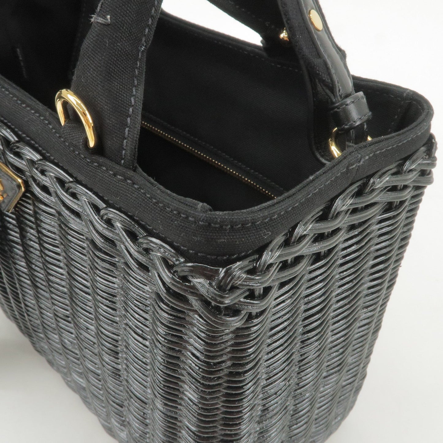 PRADA Wicker Canvas 2Way Basket Bag Hand Bag Black 1BG835