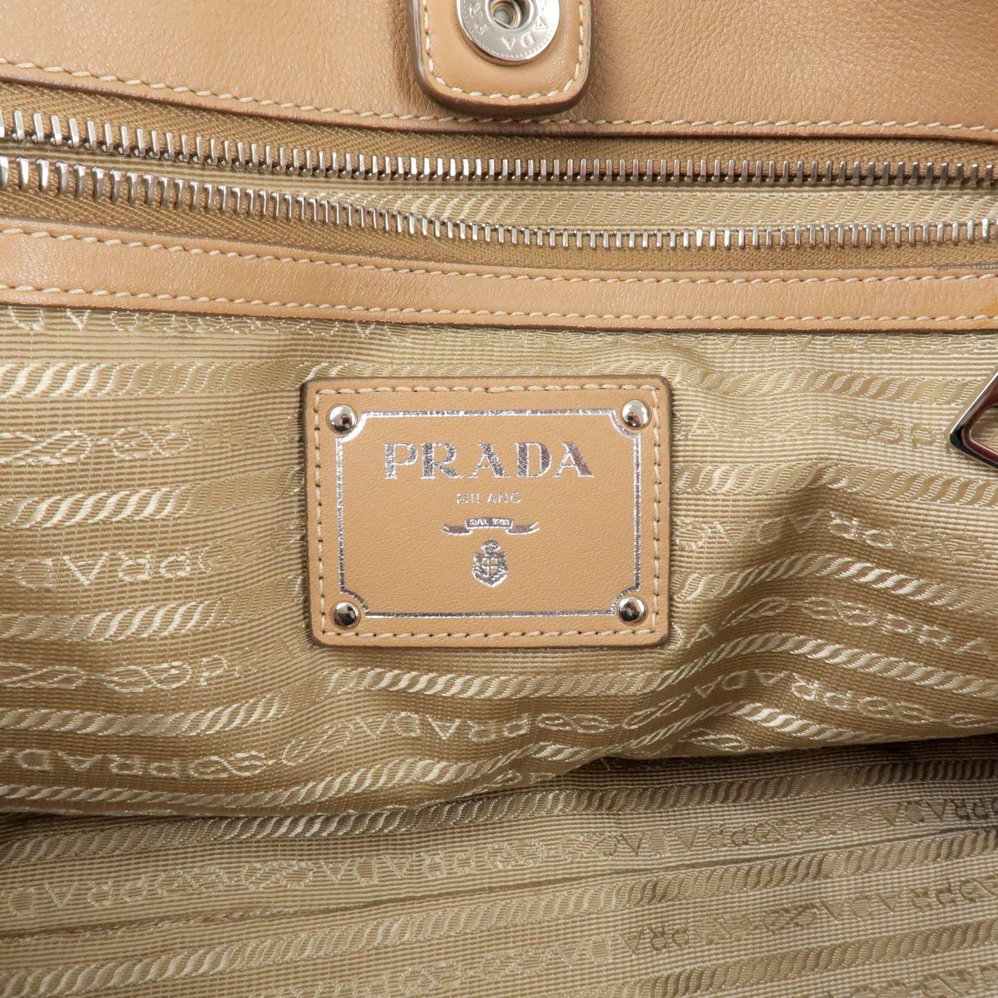 PRADA Logo Leather Chain Tote Bag Beige