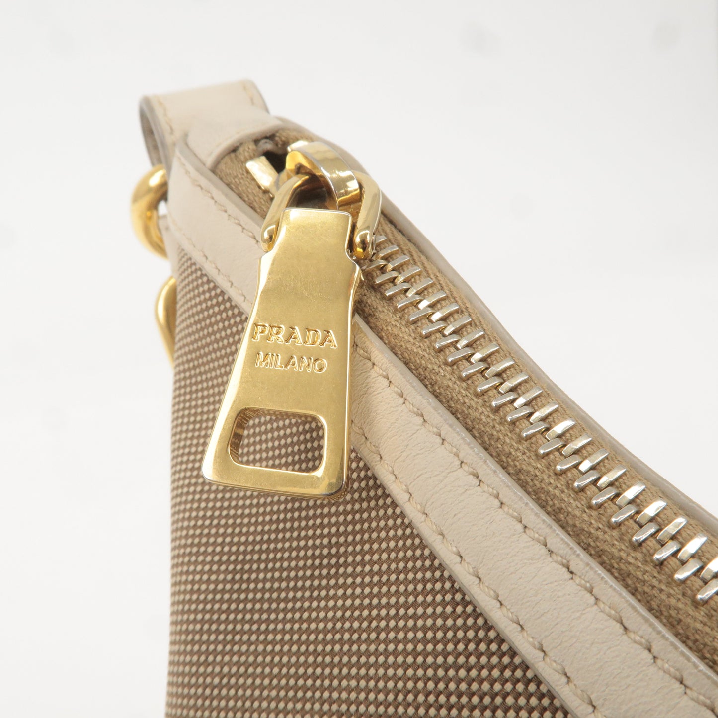 PRADA Logo Jacquard Canvas Leather Shoulder Bag Beige Ivory