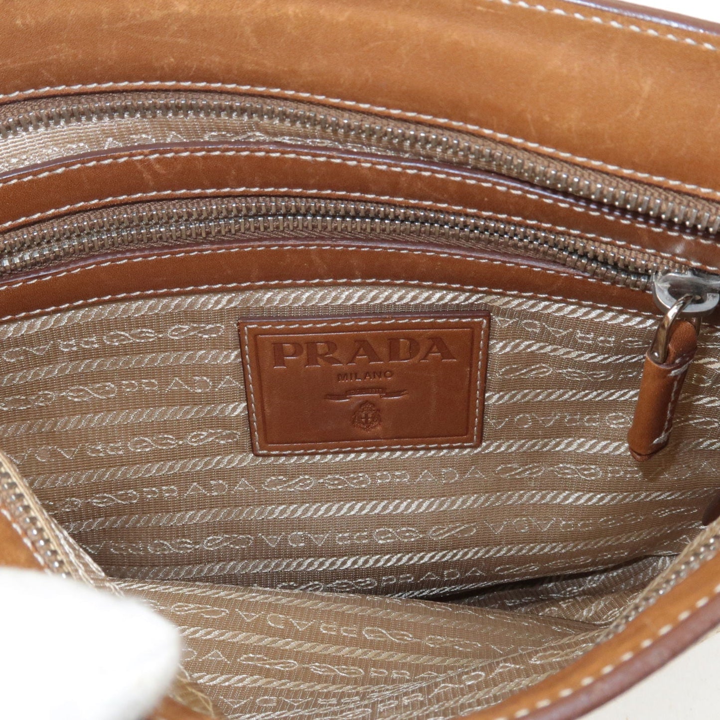 PRADA Logo Jacquard Leather Shoulder Bag Beige Brown BT0537