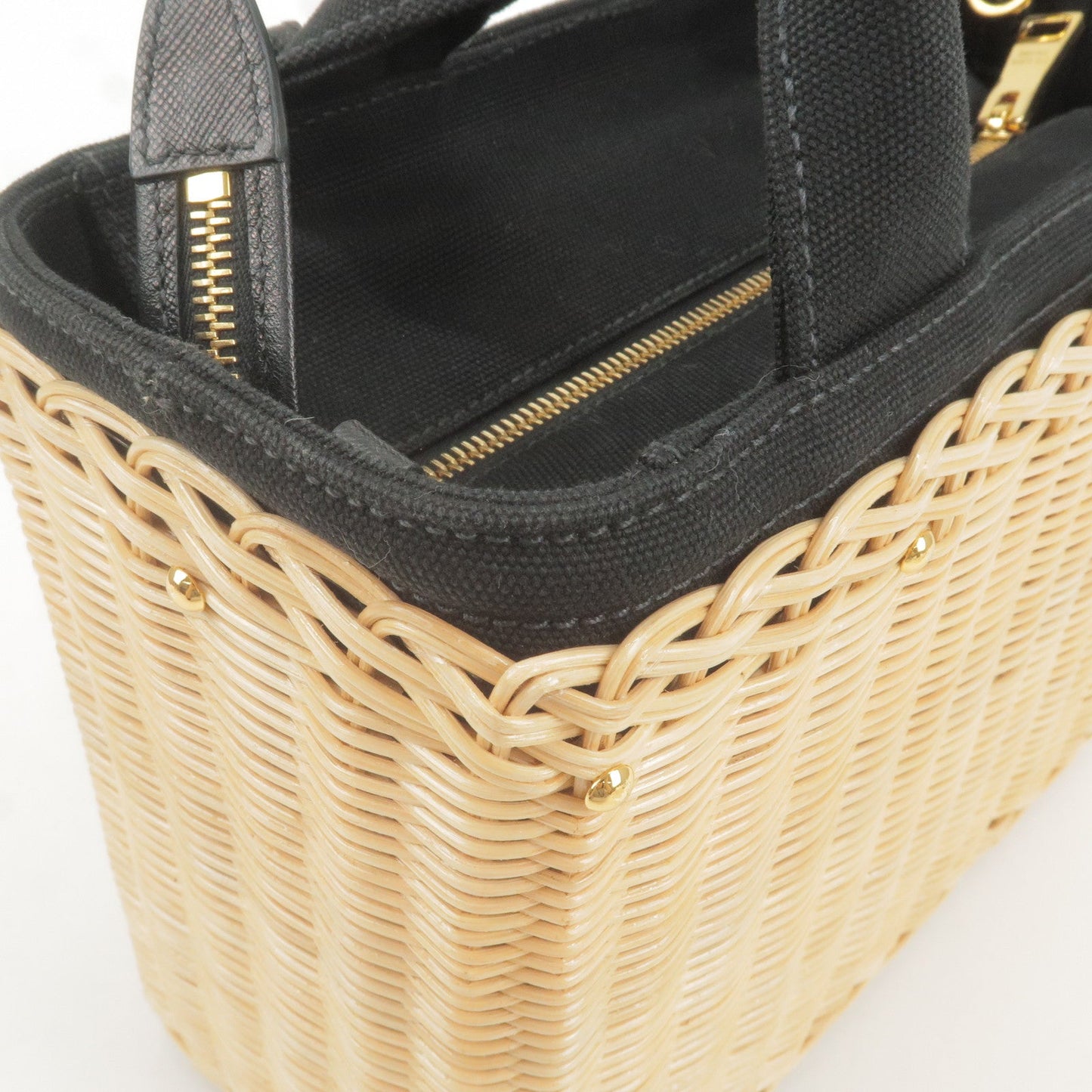 PRADA Wicker Canvas 2Way Basket Bag Hand Bag Black 1BG835