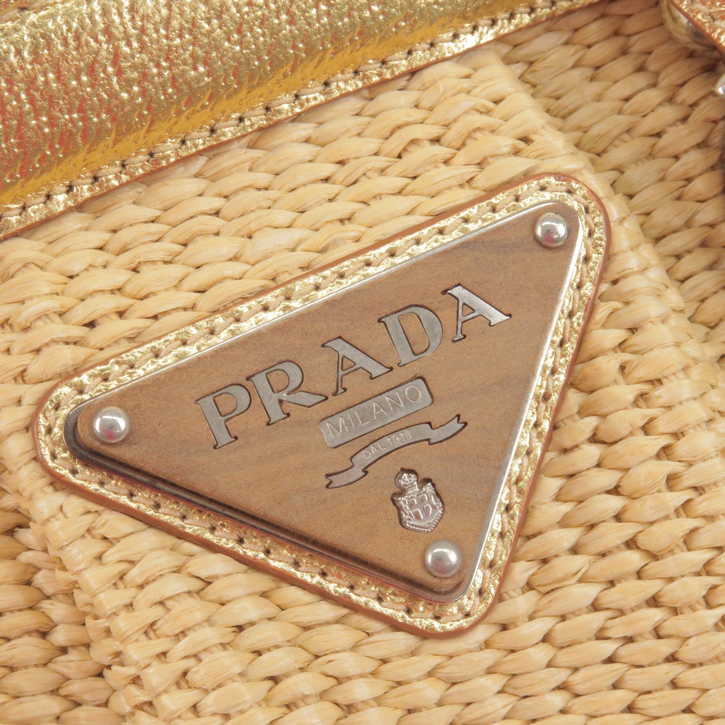 PRADA Paglia Straw Leather Shoulder Bag Metalic Gold BR3509