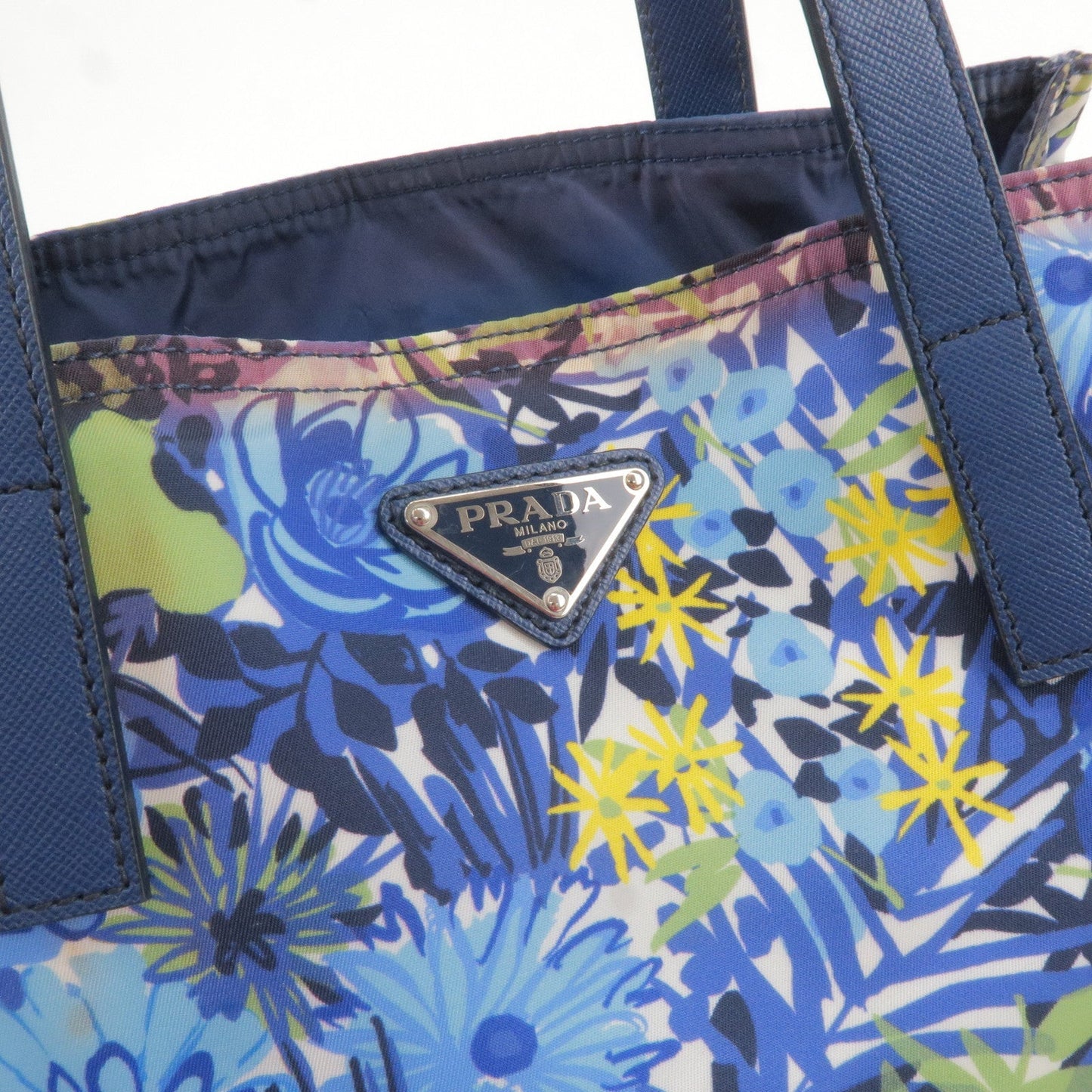 PRADA Logo Nylon Leather Tote Bag Floral Print Blue BN2851