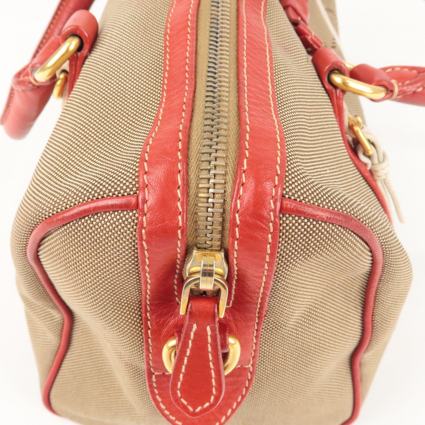 PRADA Logo Jacquard Canvas Leather 2Way Shoulder Bag Beige Red