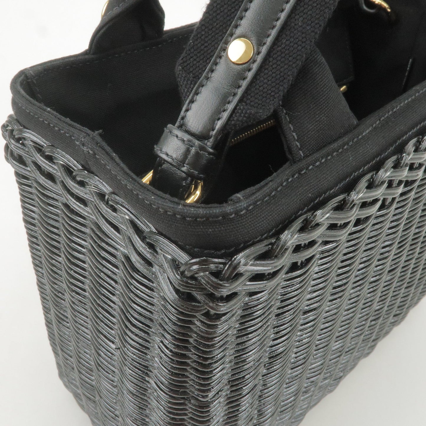 PRADA Wicker Canvas 2Way Basket Bag Hand Bag Black 1BG835