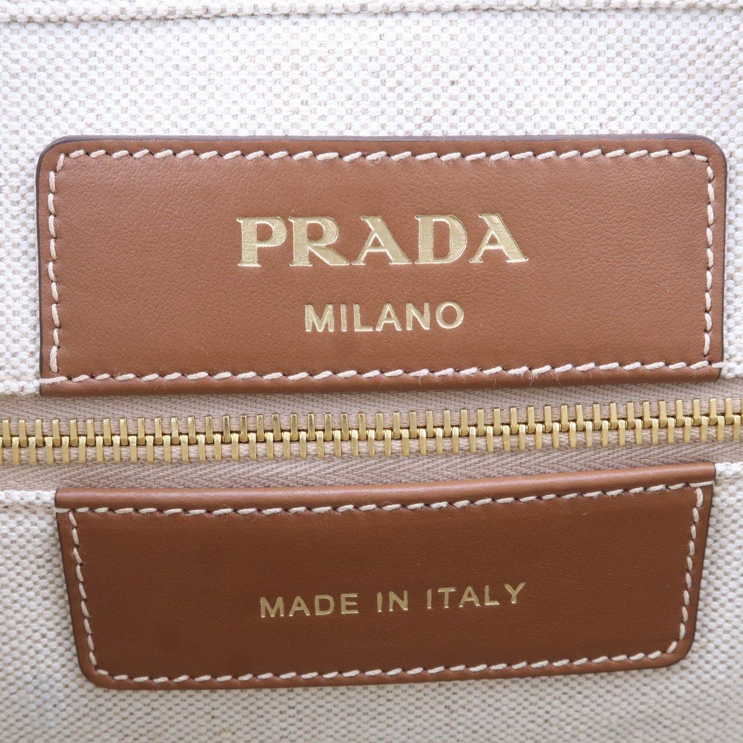 PRADA Logo Canvas Linen Leather Tote Bag Ivory Brown IBG356