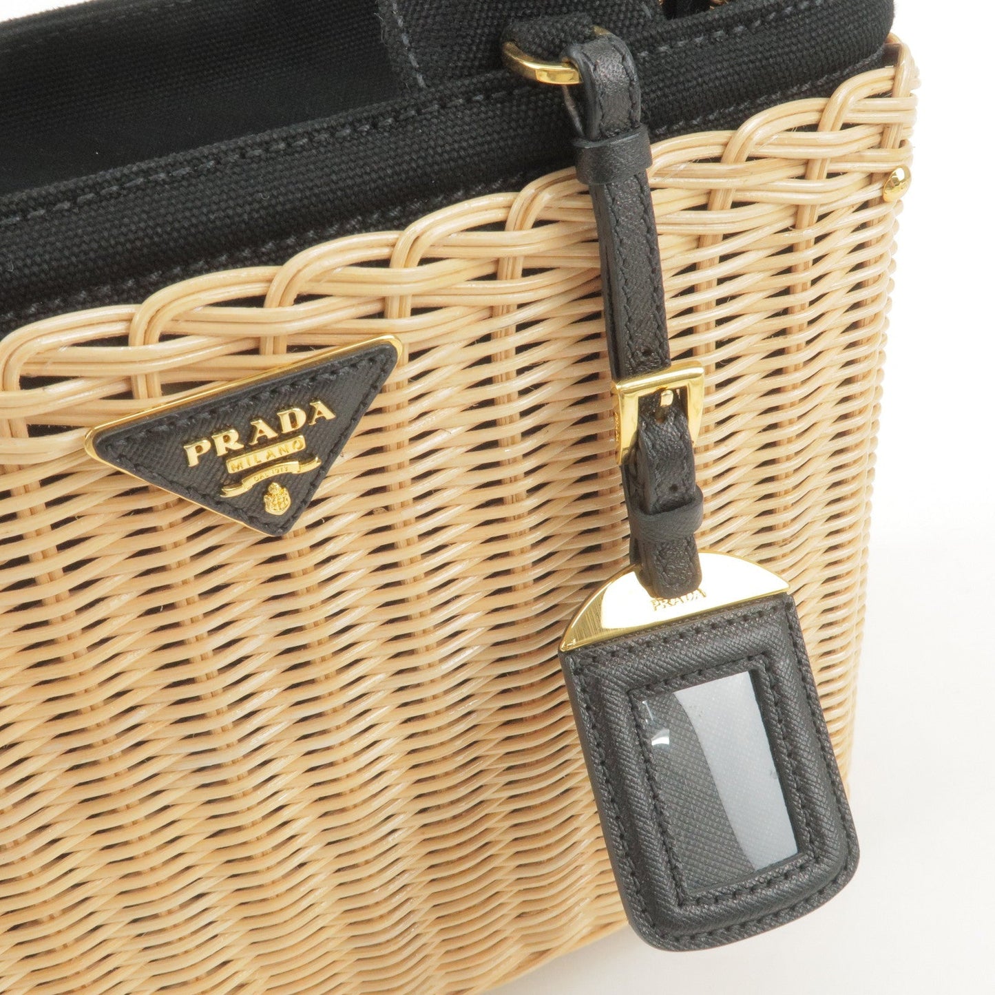 PRADA Wicker Canvas 2Way Basket Bag Hand Bag Black 1BG835