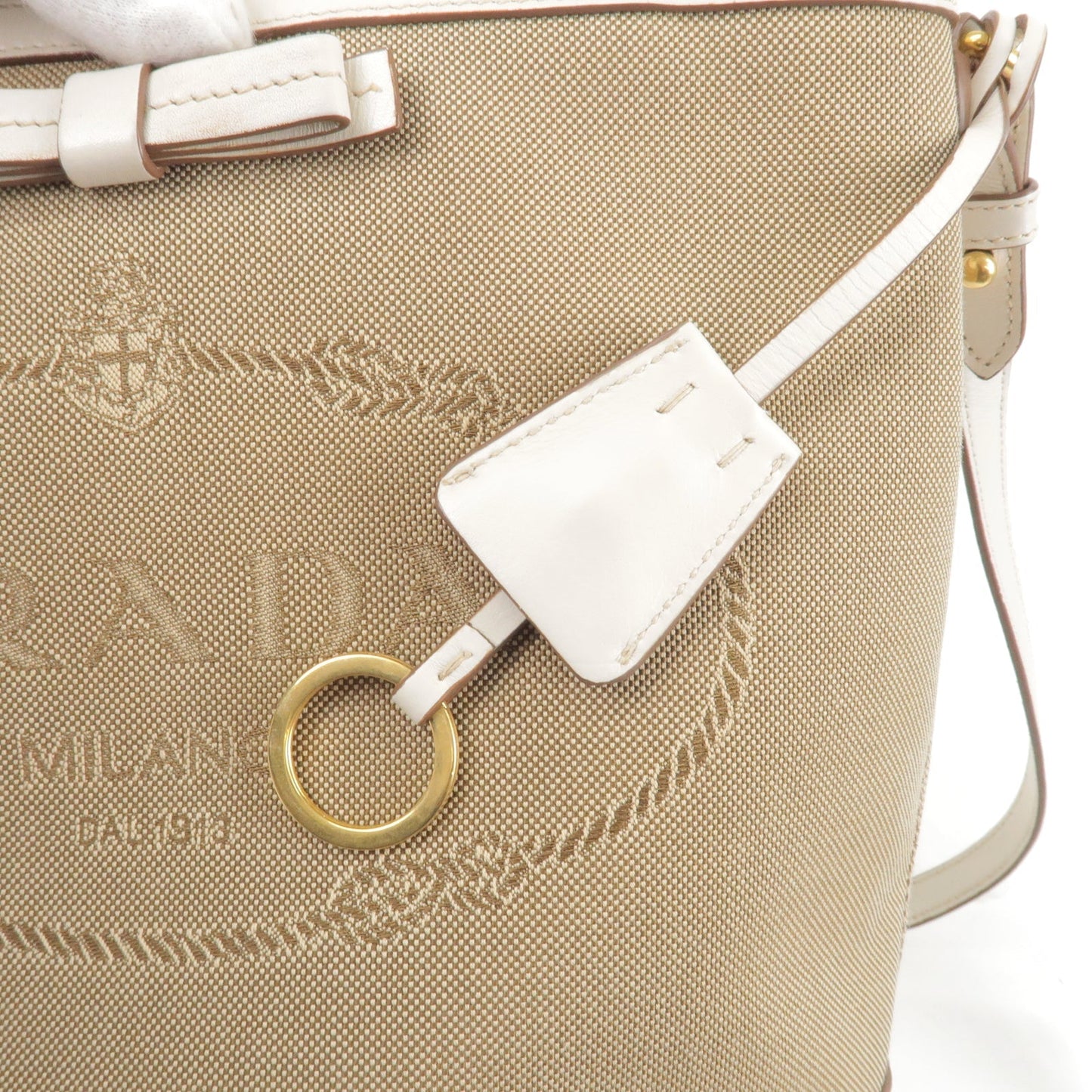 PRADA Logo Jacquard Leather Shoulder Bag Beige Ivory 1BE021