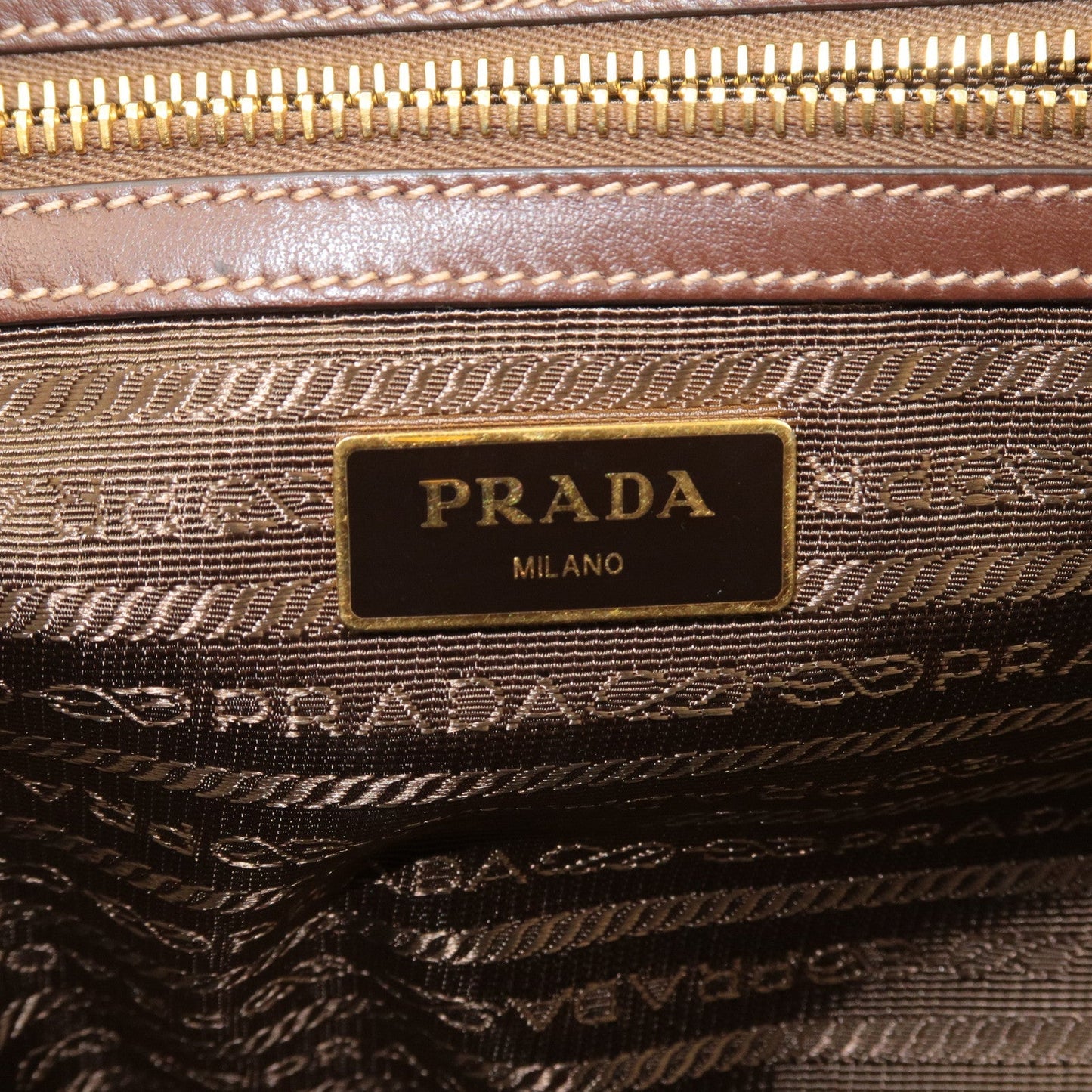 PRADA Logo Jacquard Leather Tote Bag Beige Brown 1BG158