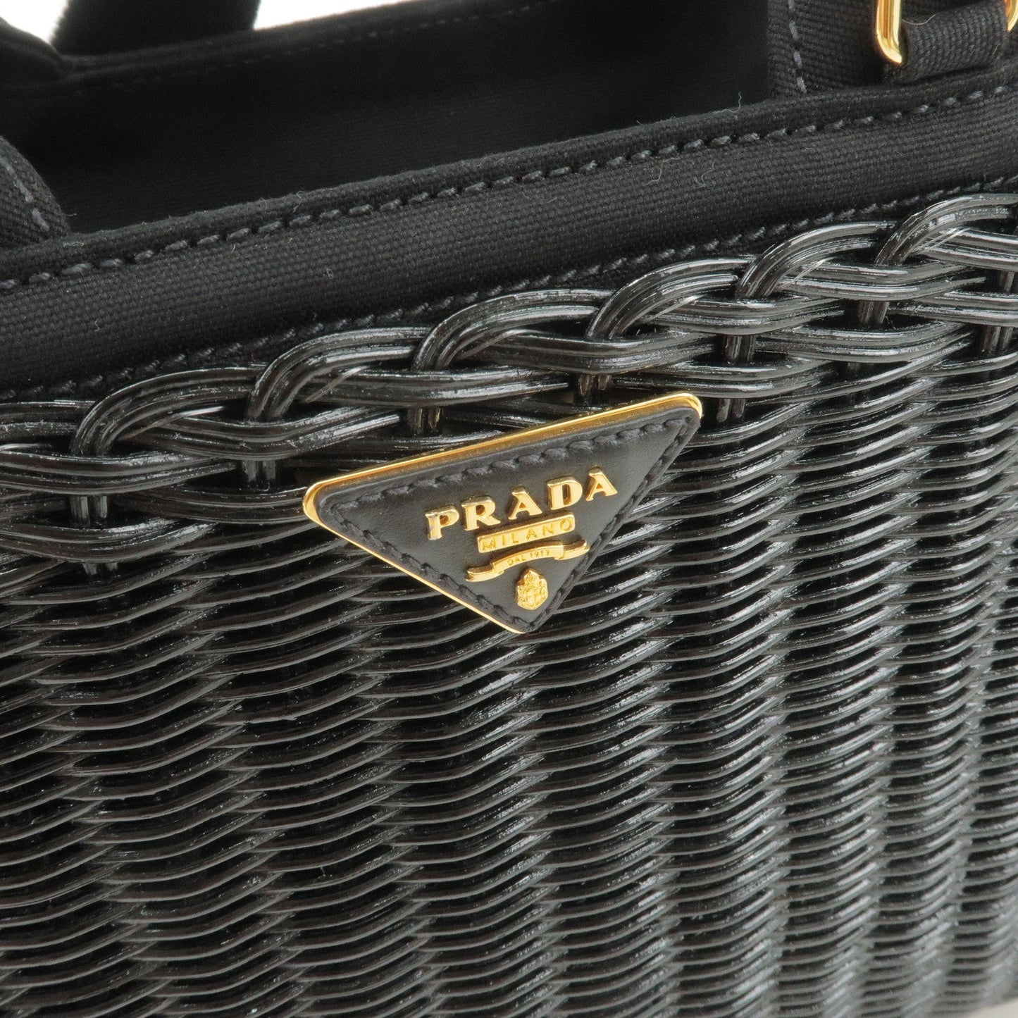 PRADA Wicker Canvas 2Way Basket Bag Hand Bag Black 1BG835