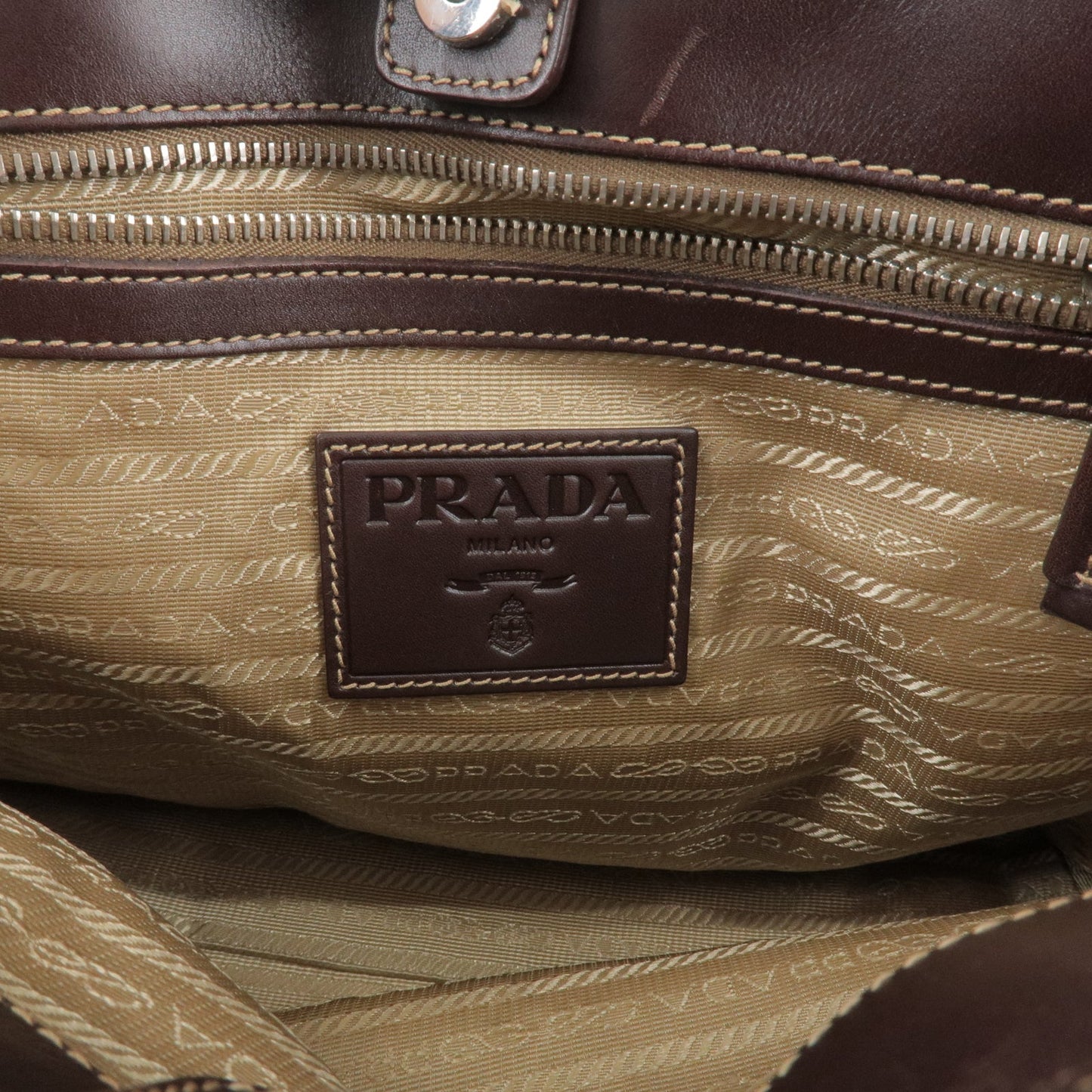 PRADA Logo Jacquard Leather 2Way Bag Beige Brown BR3414