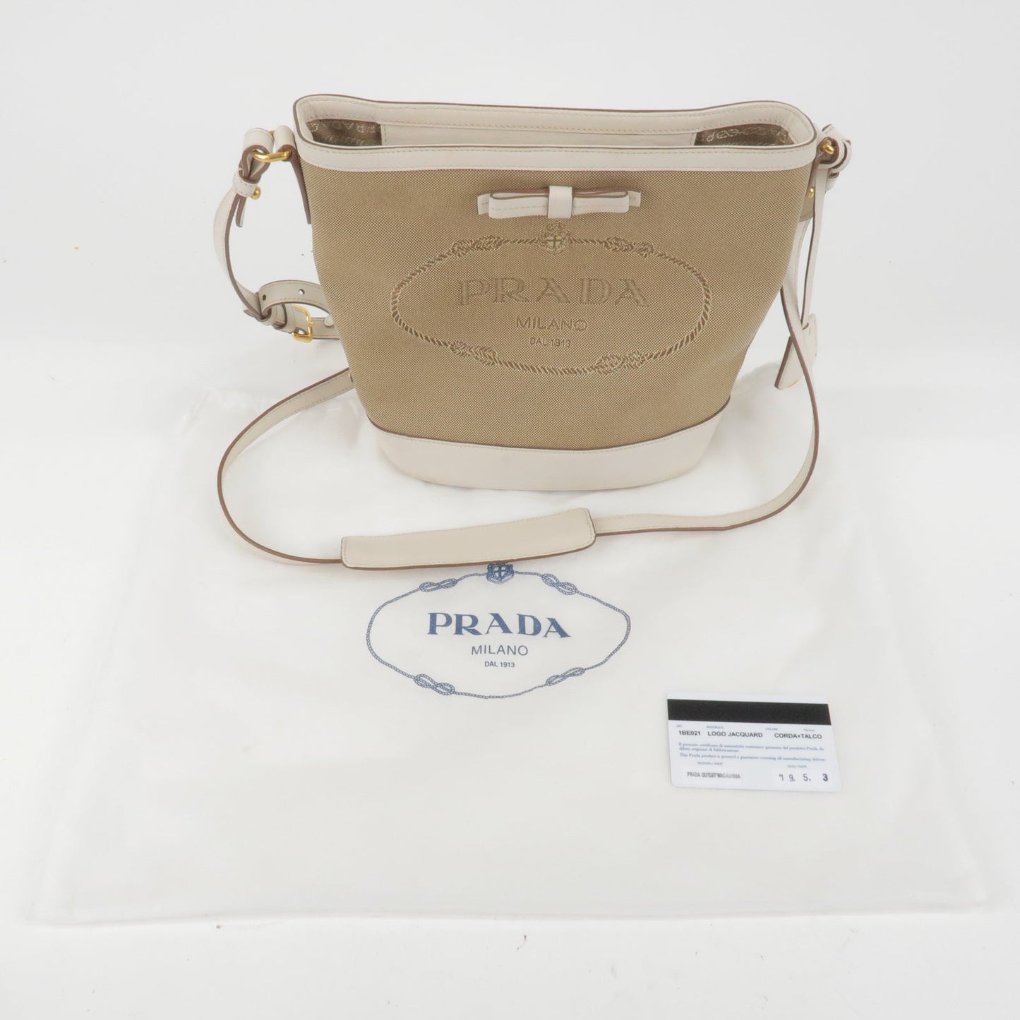 PRADA Logo Jacquard Leather Shoulder Bag Beige Ivory 1BE021