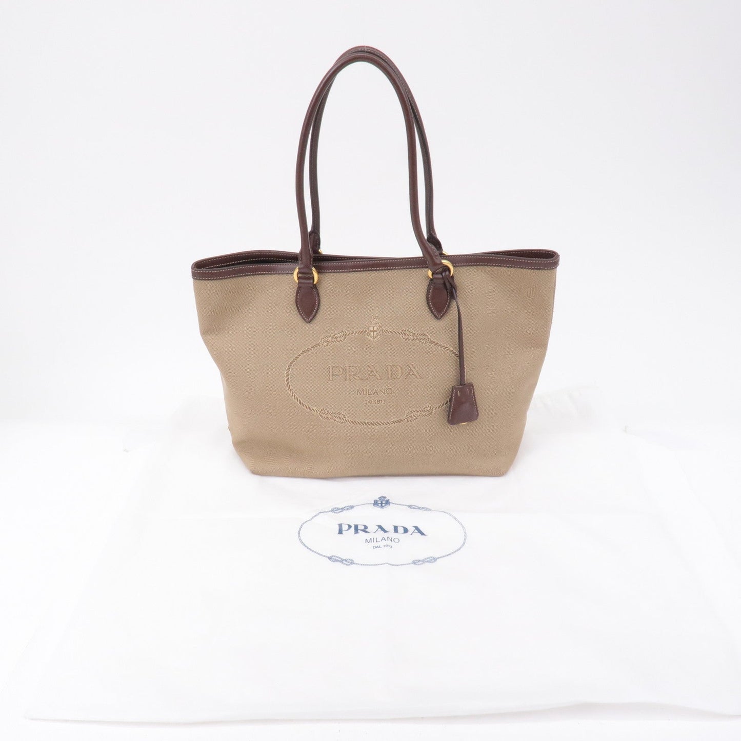 PRADA Logo Jacquard Leather Tote Bag Beige Brown 1BG158