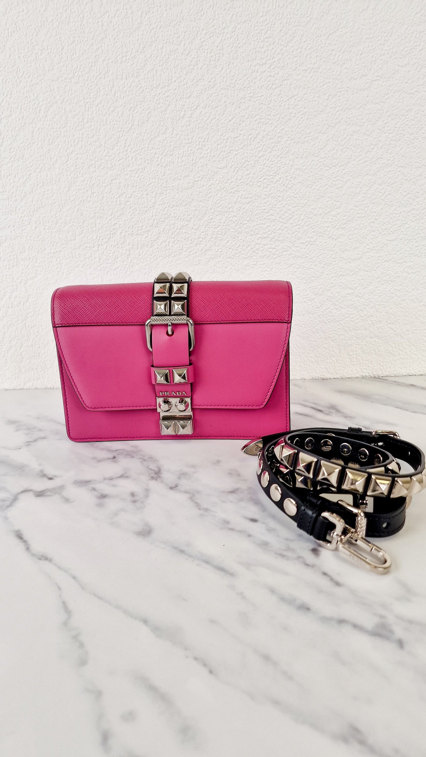 Prada Elektra Crossbody Shoulder Bag in Pink Saffiano Leather & Smooth Leather With Studs - Clutch Rivets Flap Bag - Prada 1BD121