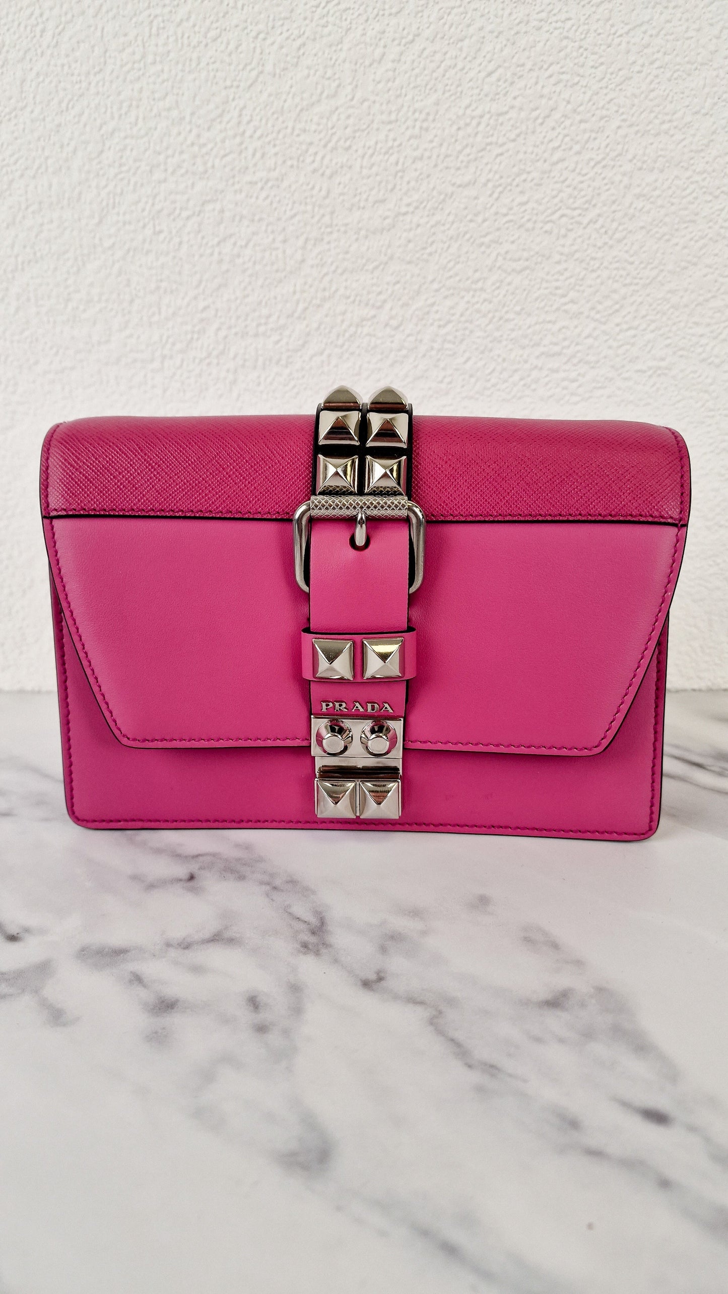 Prada Elektra Crossbody Shoulder Bag in Pink Saffiano Leather & Smooth Leather With Studs - Clutch Rivets Flap Bag - Prada 1BD121