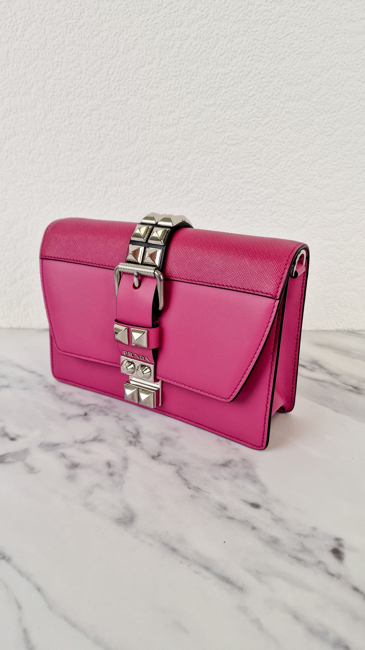 Prada Elektra Crossbody Shoulder Bag in Pink Saffiano Leather & Smooth Leather With Studs - Clutch Rivets Flap Bag - Prada 1BD121