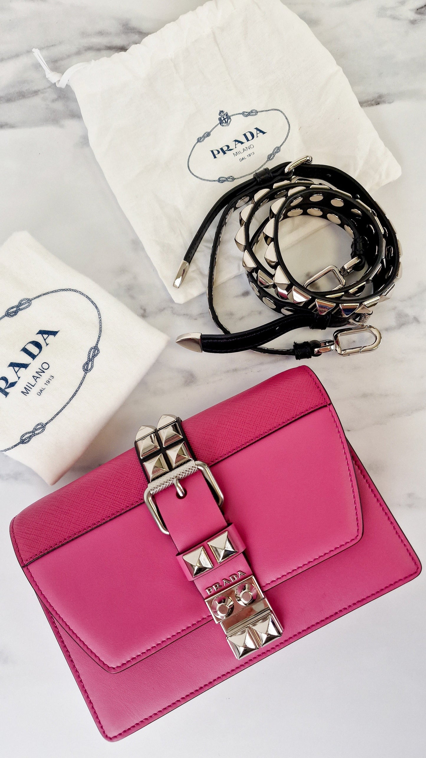 Prada Elektra Crossbody Shoulder Bag in Pink Saffiano Leather & Smooth Leather With Studs - Clutch Rivets Flap Bag - Prada 1BD121