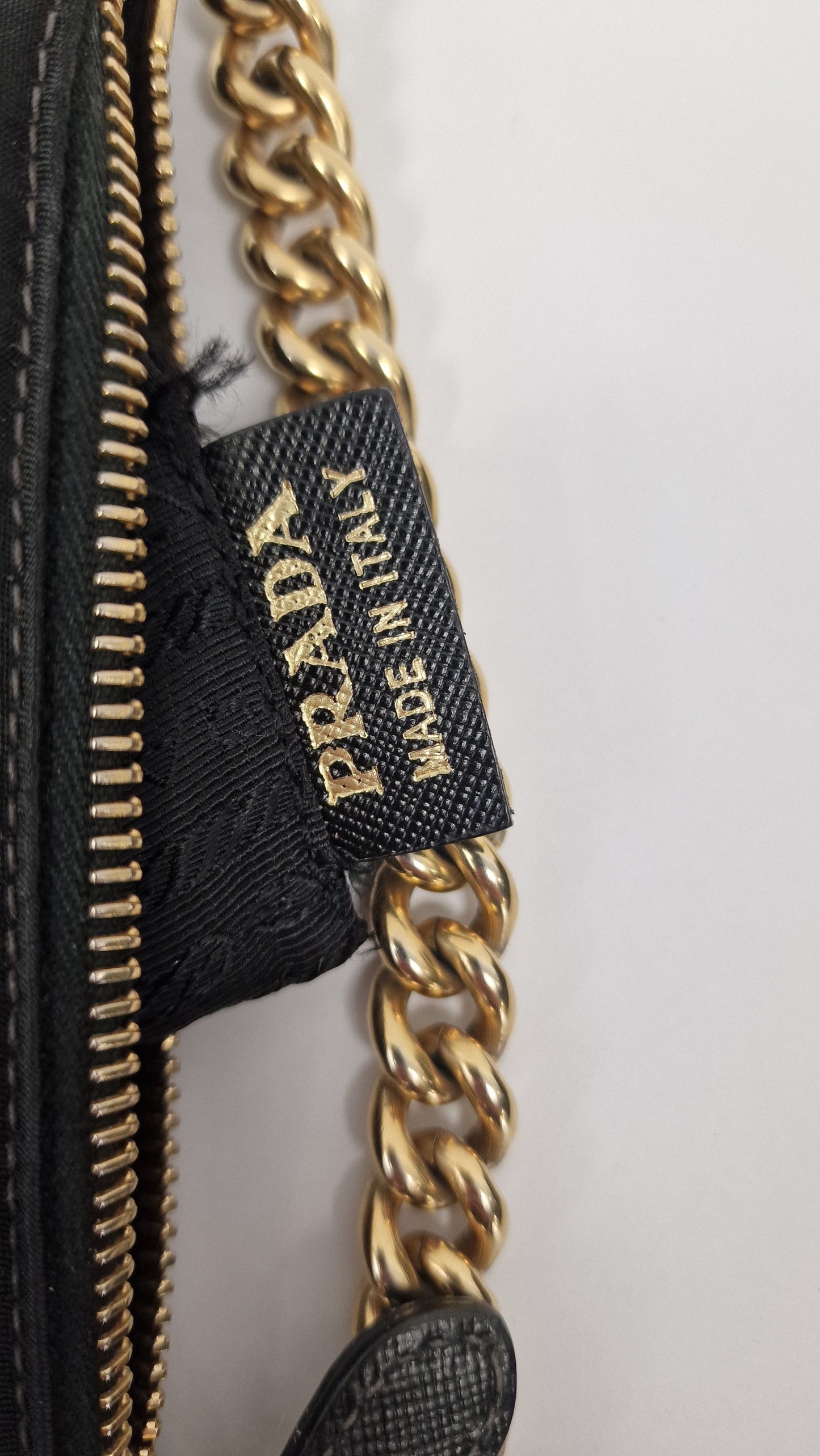 Rare Vintage Prada Black & Gold Tessuto Oro Nylon & Saffiano Leather Cut-Out Logo Crossbody Bag - Prada BT0606