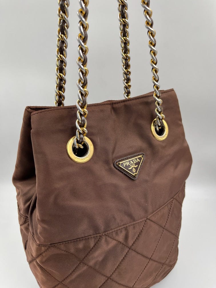 Prada Nylon Tote with Chain Handle - Brown