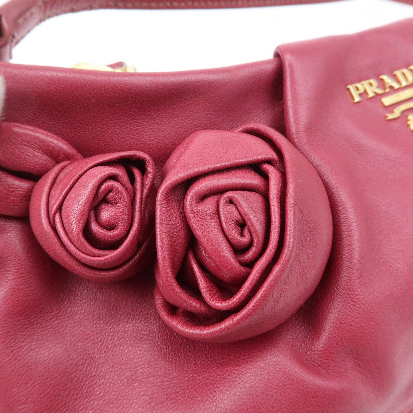 PRADA Leather Rose Corsage Hand Bag Pouch Pink 1N1439