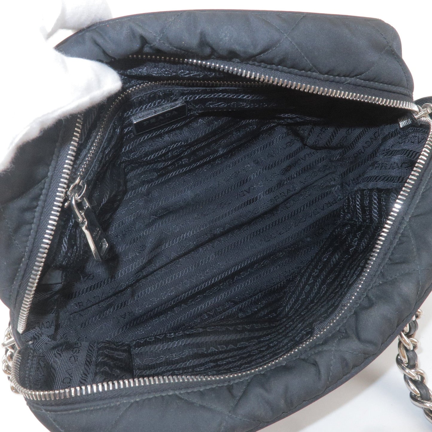 PRADA Nylon Leather Quilting Chain Shoulder Bag Black 1BB072