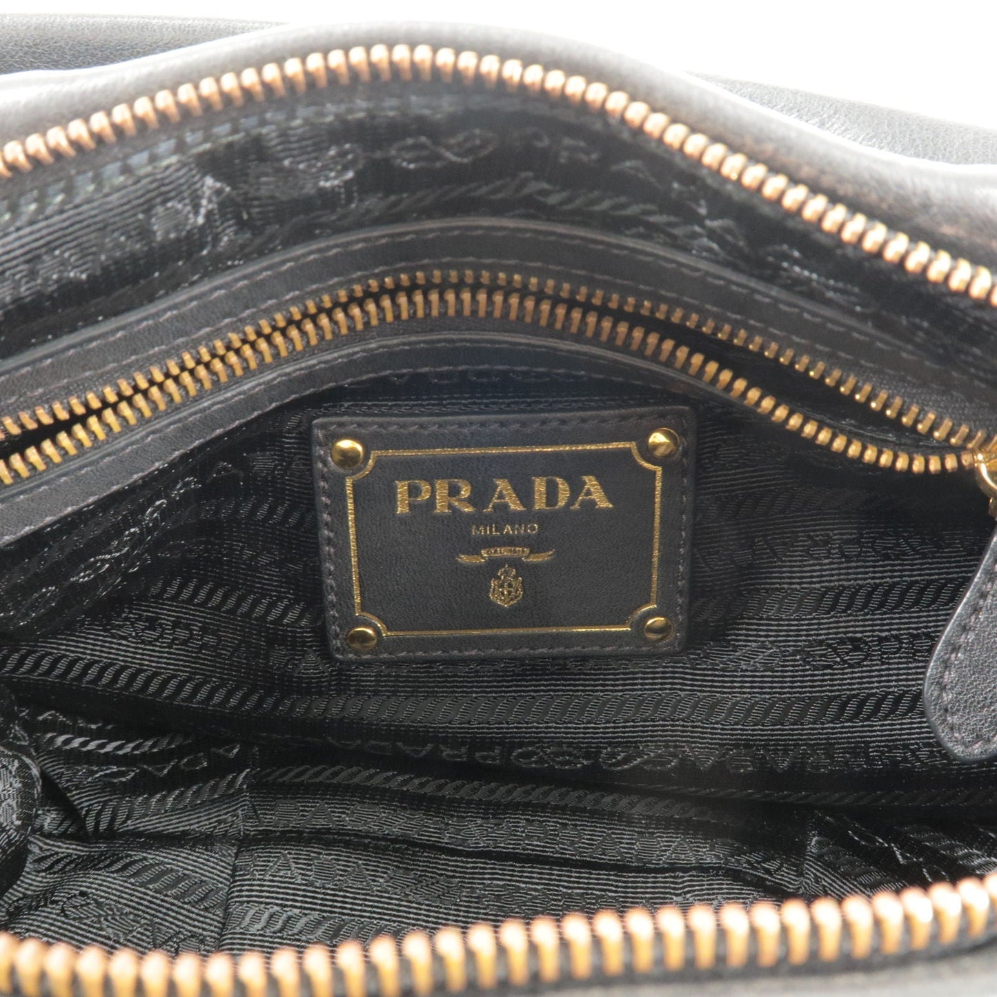 PRADA Logo Leather Shoulder Bag Black Gold Hardware