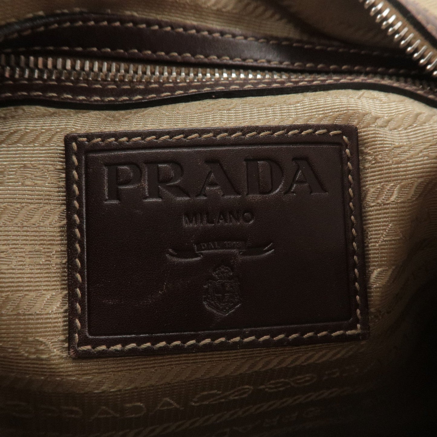 PRADA Logo Jacquard Leather Shoulder Bag Beige Brown