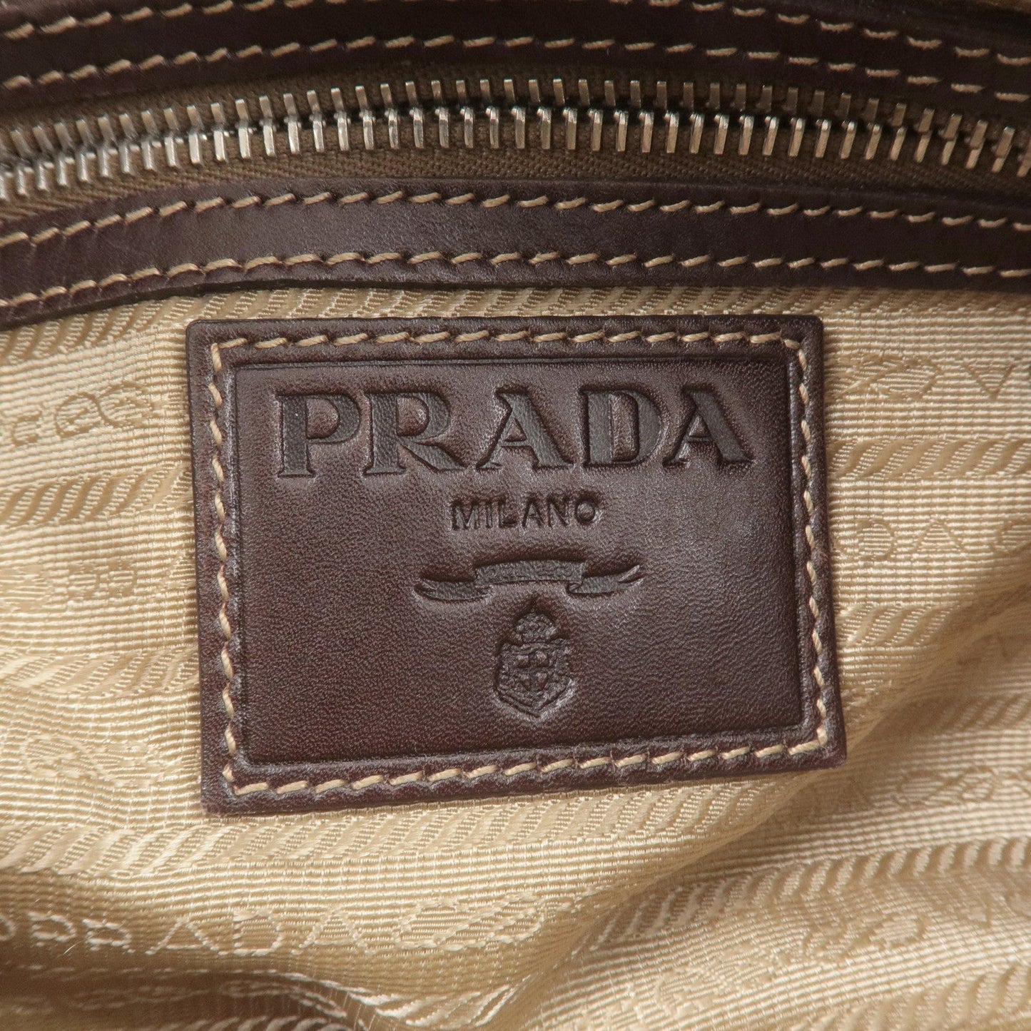 PRADA Logo Jacquard Leather Shoulder Bag Beige Brown