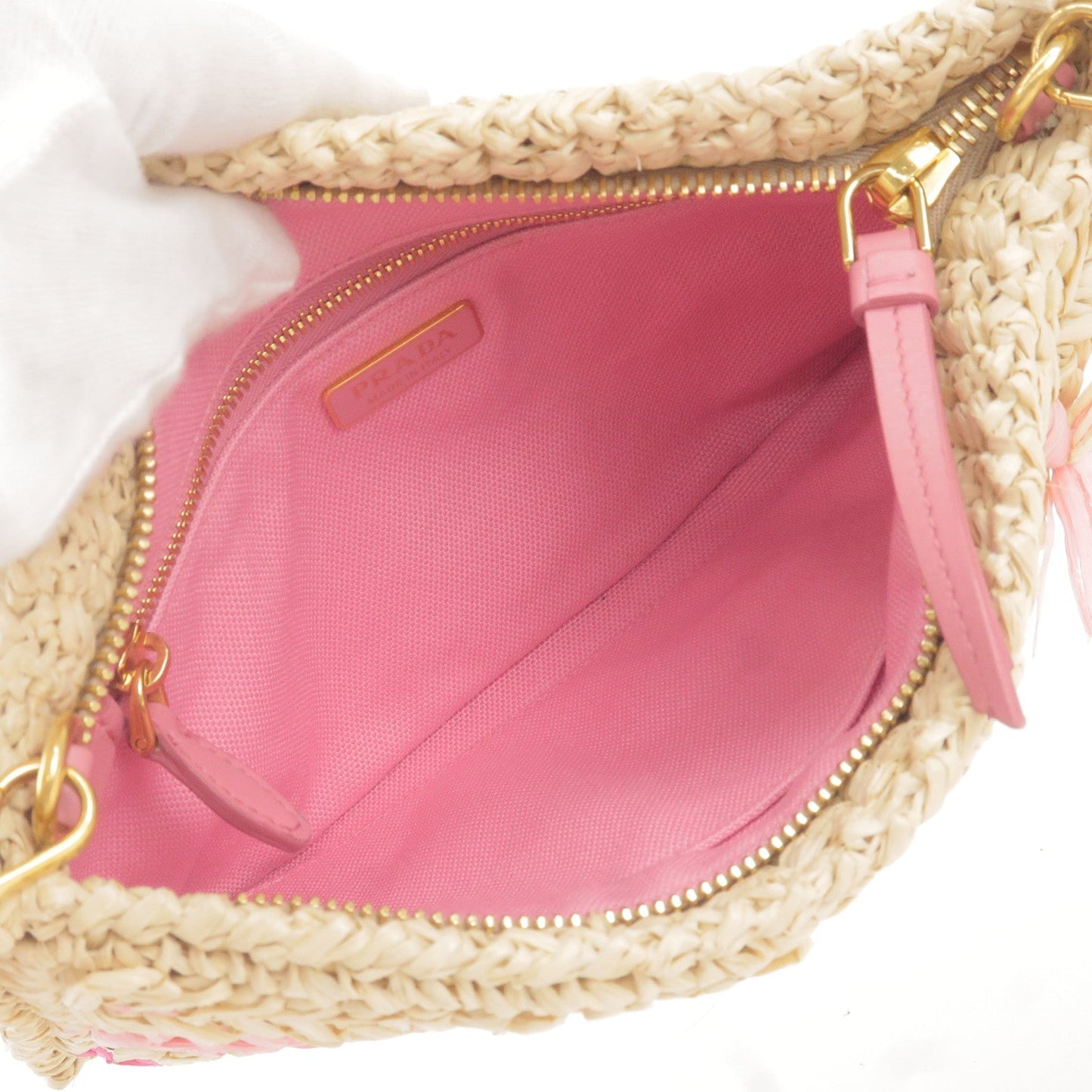 Prada Raffia Tricot Leather Shoulder Bag Beige Pink 1BF071