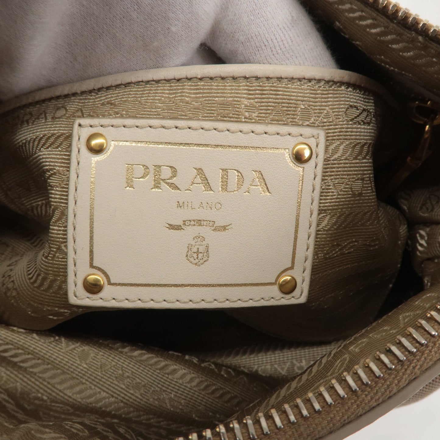 PRADA Logo Jacquard Canvas Leather Shoulder Bag Beige Ivory