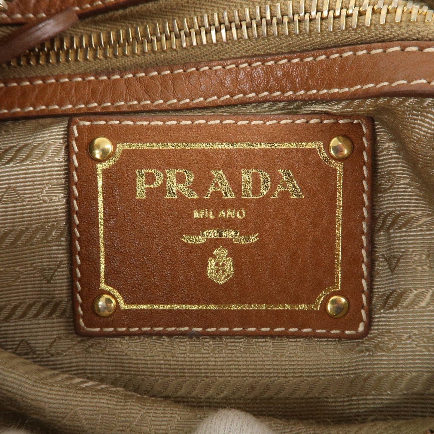 PRADA Logo Jacquard Leather Shoulder Bag Beige Brown BT0706