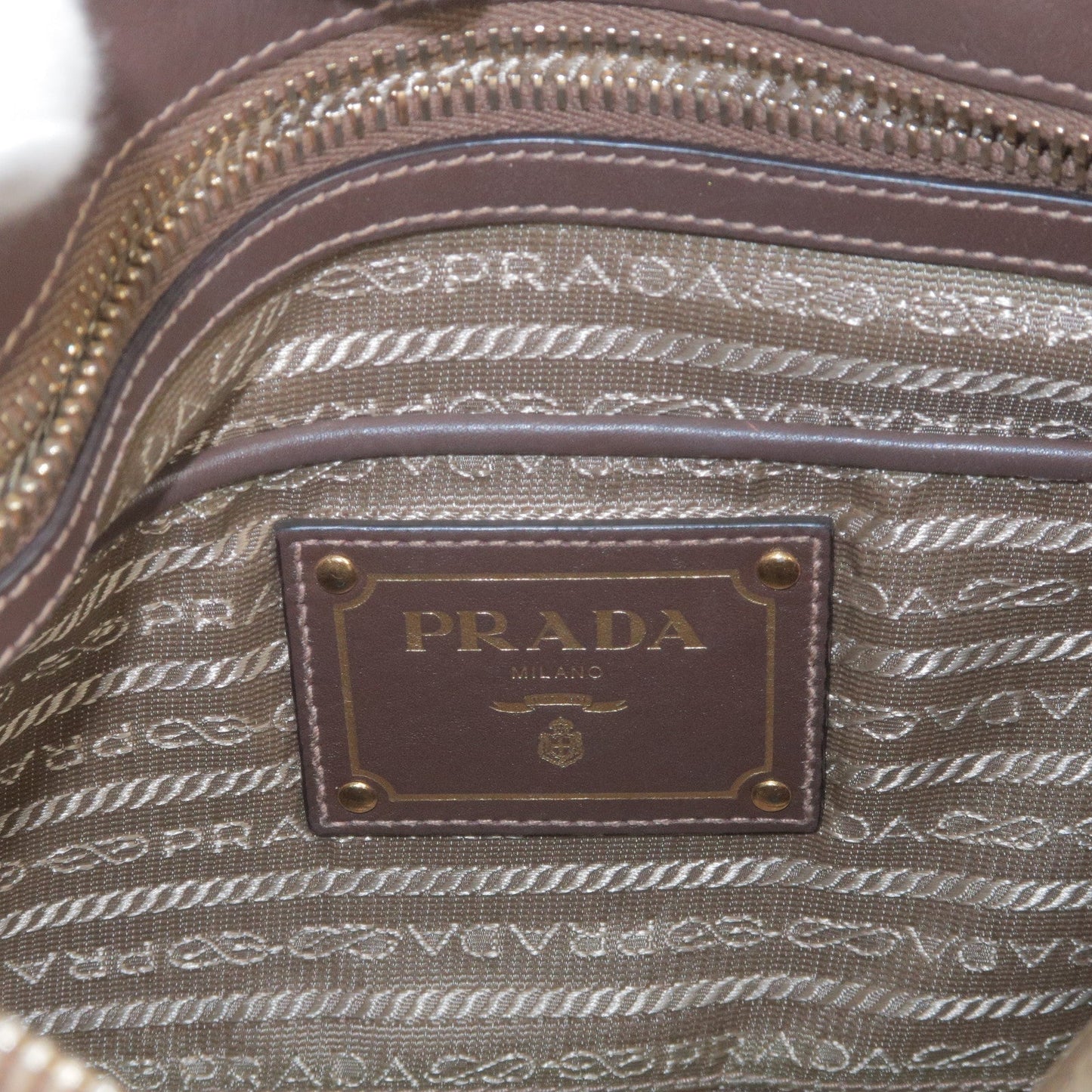 PRADA Logo Jacquard Leather Shoulder Bag Beige Brown BT867A