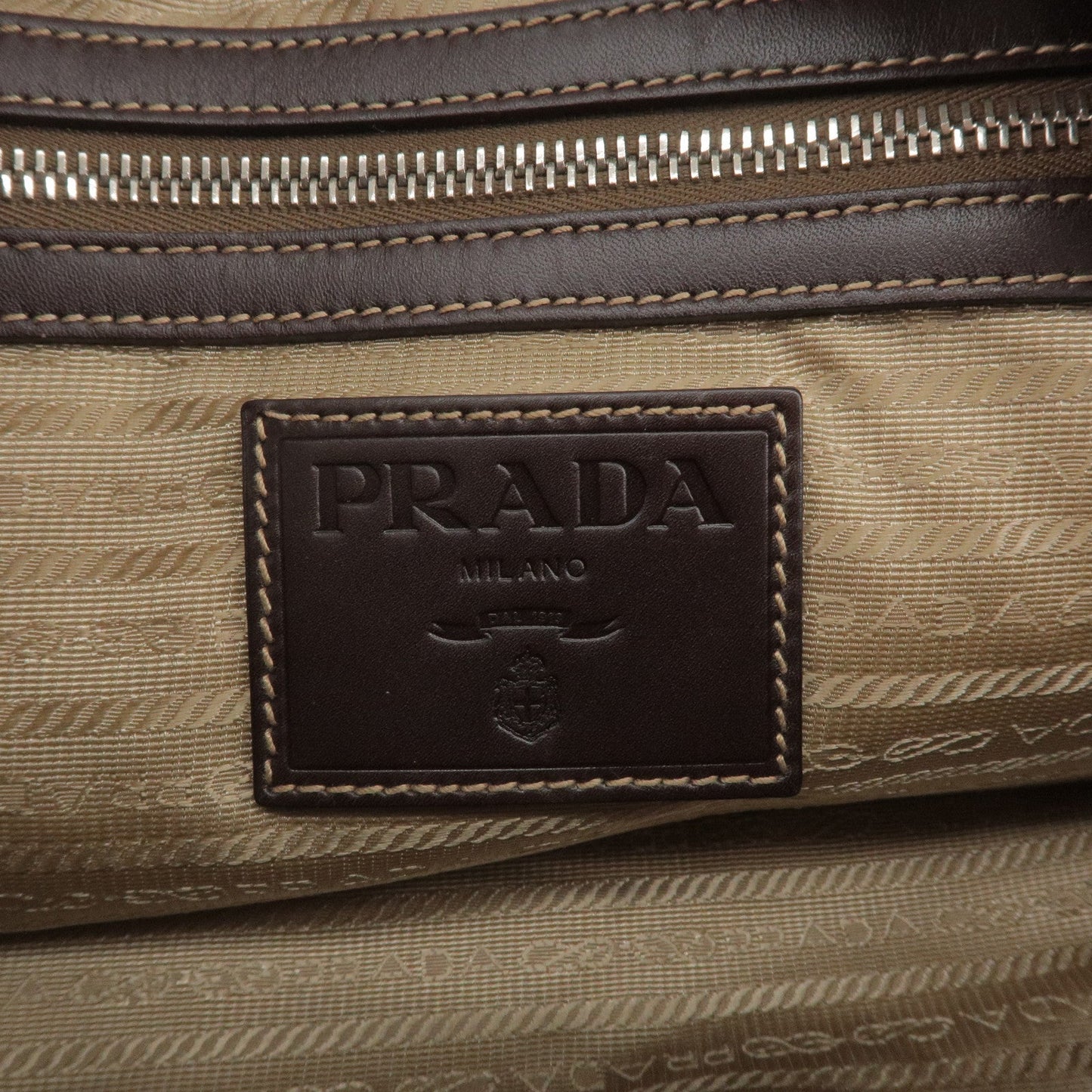 PRADA Logo Jacquard Leather Boston Bag Beige Brown BR3461