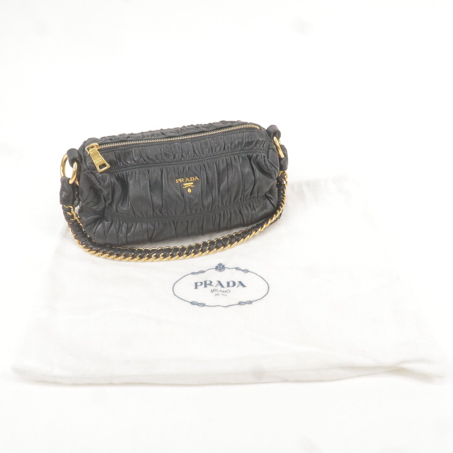 PRADA Leather Chain Gather Shoulder Bag NERO Black