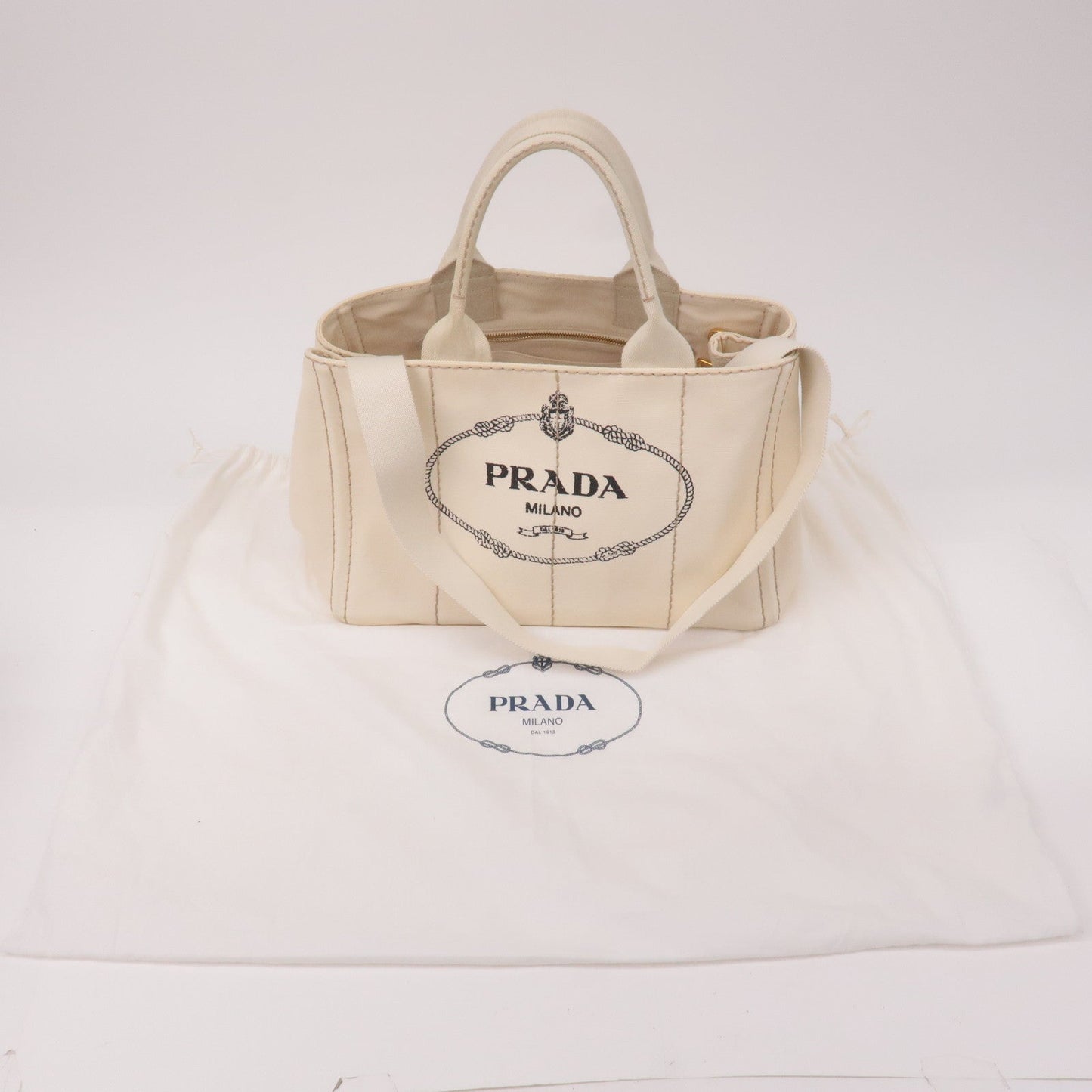 PRADA Logo Canapa Canvas 2Way Tote Bag Ivory BN2642