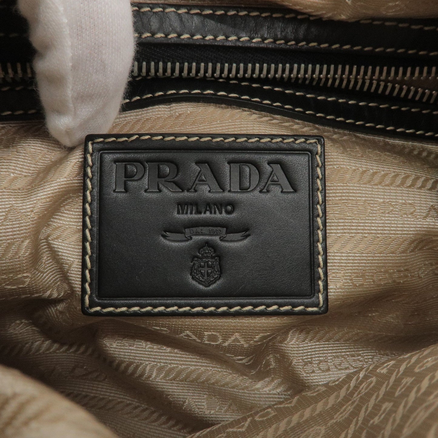 PRADA Logo Jacquard Leather Shoulder Bag Beige Black BR3430